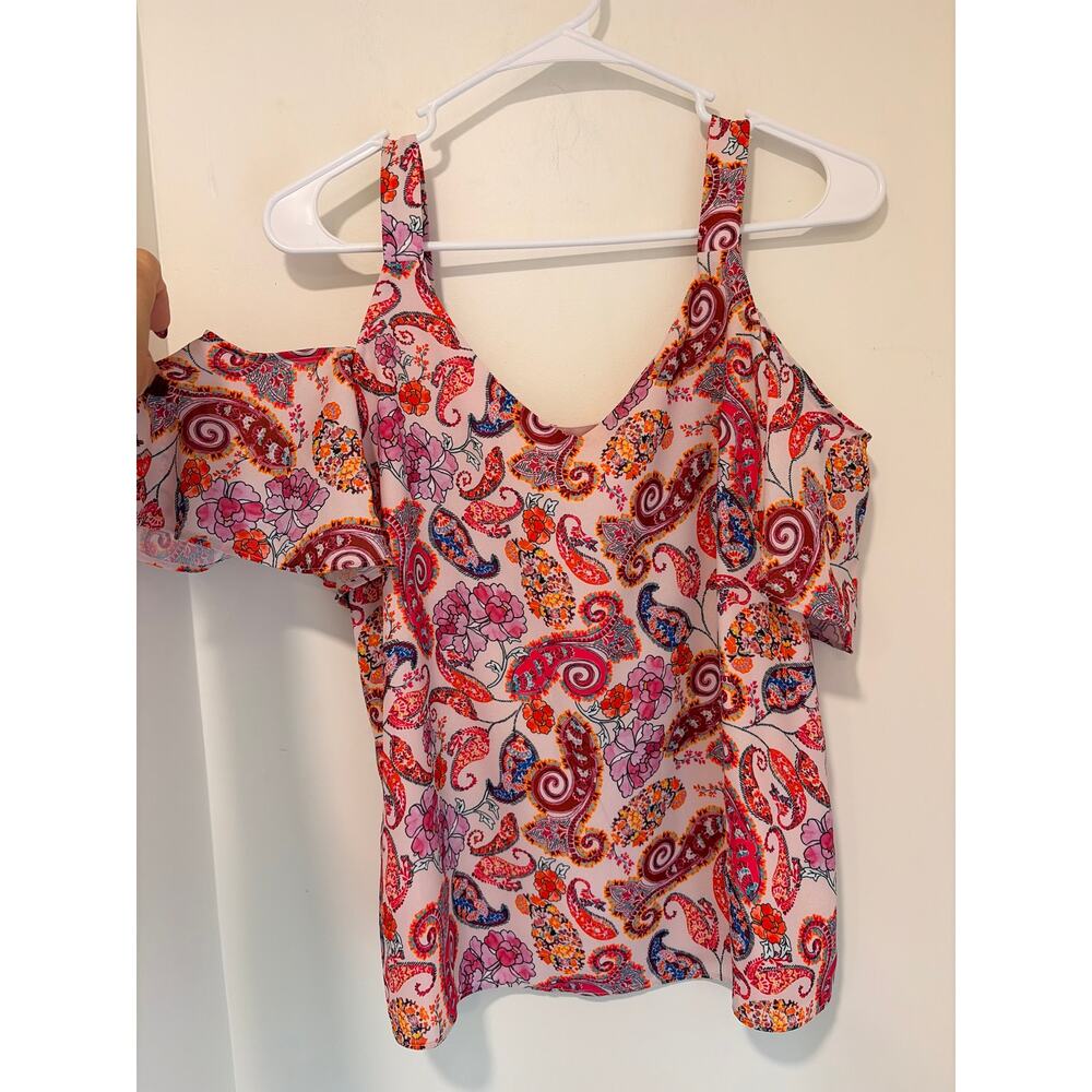 Antibes Blanc Floral Paisley Cold Shoulder Flutter Sleeve Blouse Top Sz S - Picture 2 of 6